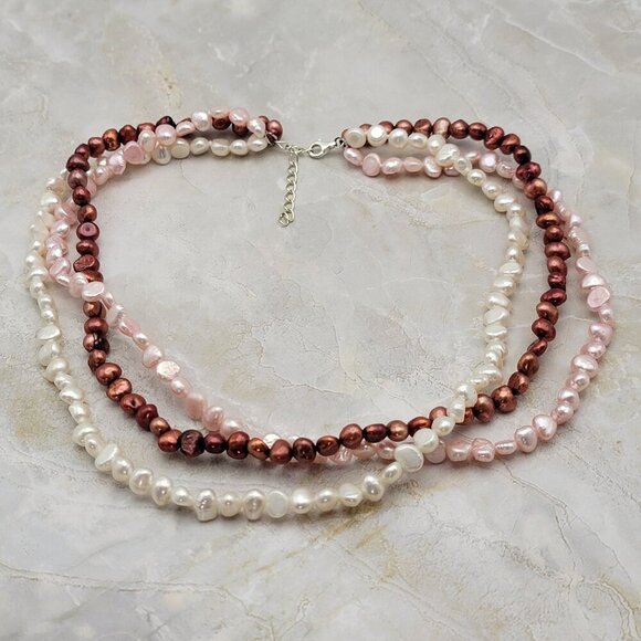 Sterling Silver Multi Strand Multicolor Baroque Pearl Beaded Necklace 18 Inch - Picture 1 of 8